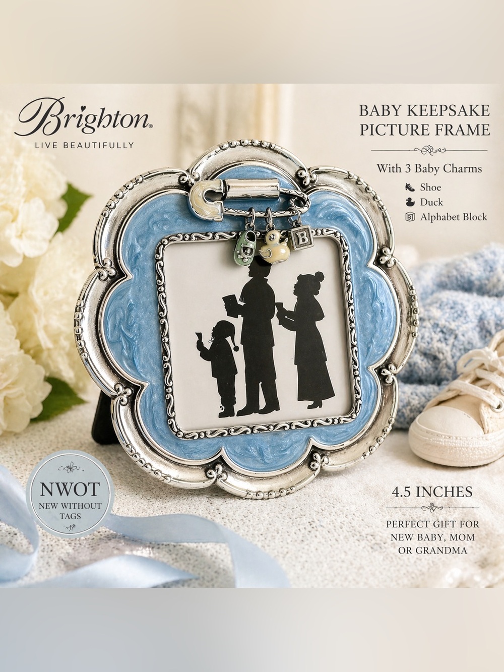 Brighton Baby Picture Frame  Aqua Blue Enamel w Shoe Duck Toy Charms